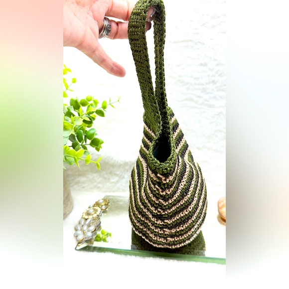 Green and Brown Striped Small Cute Embroidered Bag - Picture 3 of 8